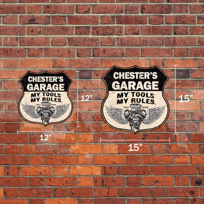 Personalized Garage My Tools My Rules V8 Wings 12x12 Metal Sign 211110026001