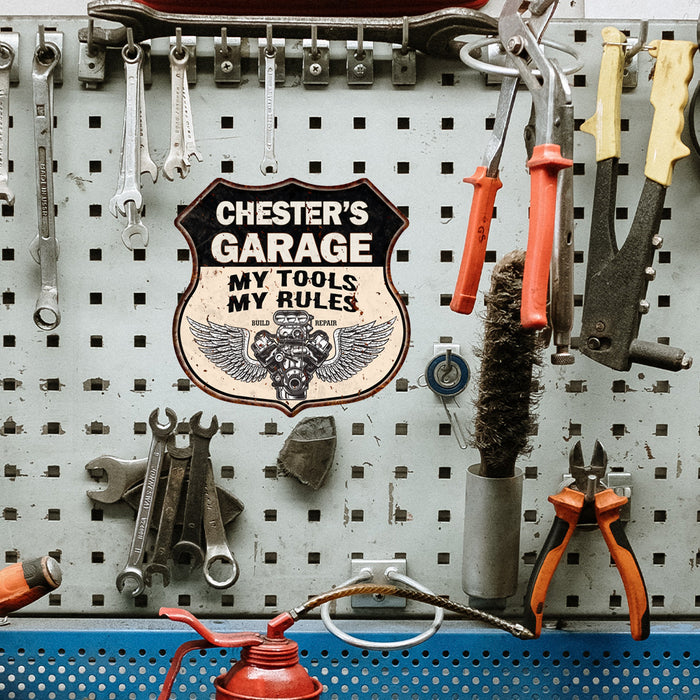 Personalized Garage My Tools My Rules V8 Wings 12x12 Metal Sign 211110026001