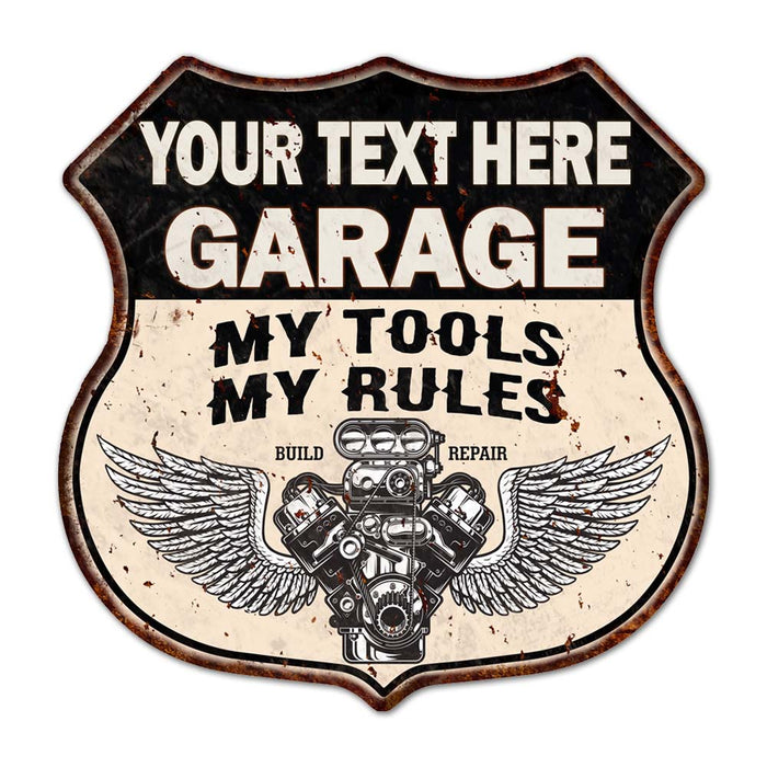 Personalized Garage My Tools My Rules V8 Wings 12x12 Metal Sign 211110026001