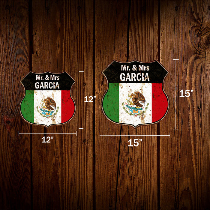 Personalized Mr. & Mrs Your Name Tu Nombre Familia Bandera Personalizado Mexican Flag Shield Metal Sign 211110009001