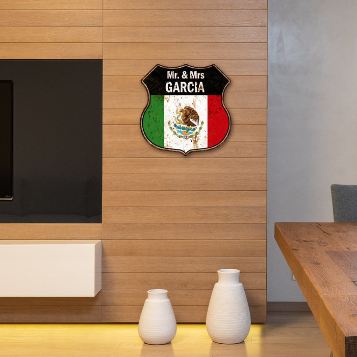 Personalized Mr. & Mrs Your Name Tu Nombre Familia Bandera Personalizado Mexican Flag Shield Metal Sign 211110009001
