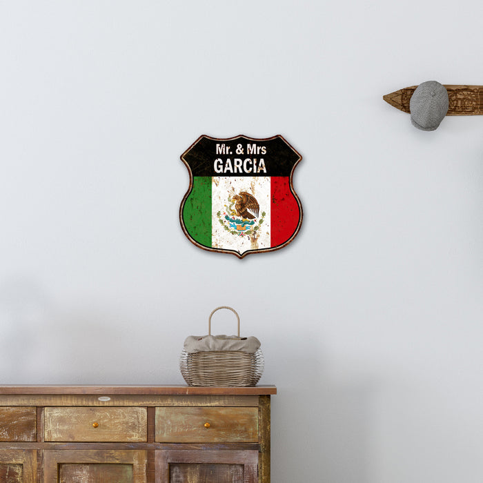 Personalized Mr. & Mrs Your Name Tu Nombre Familia Bandera Personalizado Mexican Flag Shield Metal Sign 211110009001