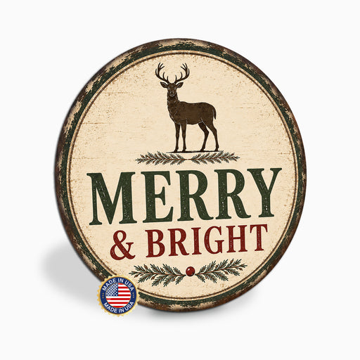 Merry and Bright metal sign rustic lodge deer