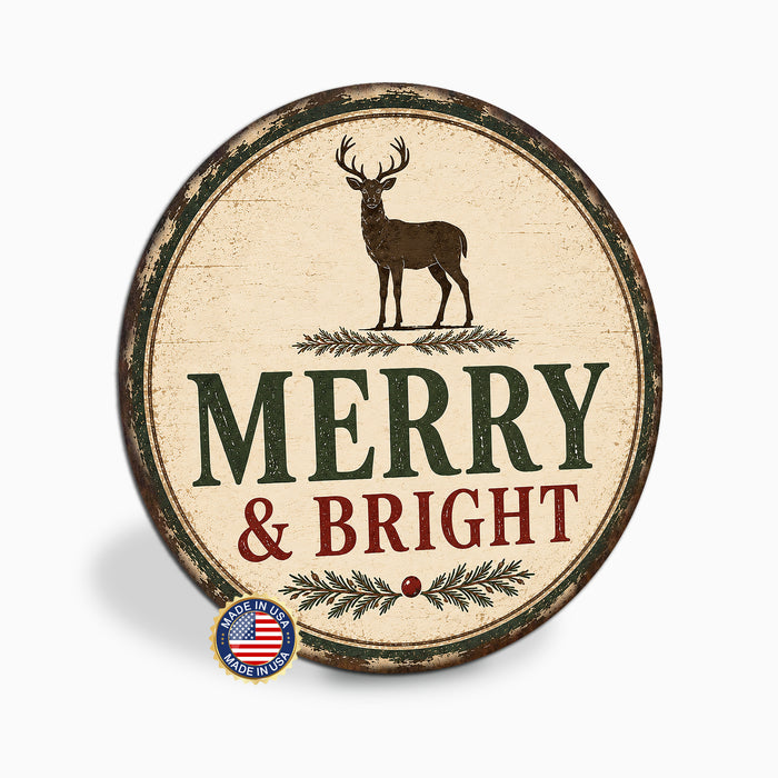 Merry and Bright metal sign rustic lodge deer