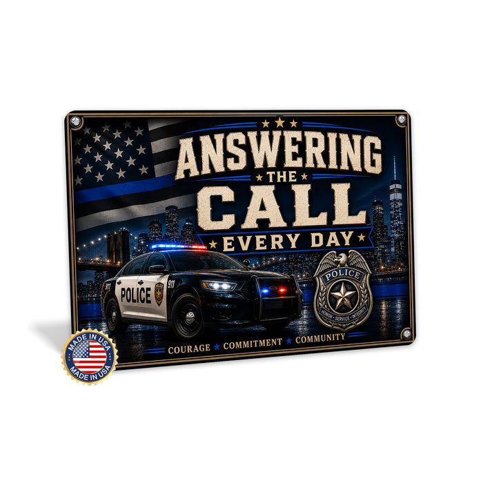 Answering the Call Courage Commitment Community metal sign with vintage thin blue line / police style — Answering the Call