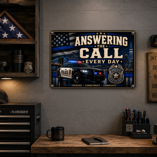 Answering the Call Courage Commitment Community metal sign with vintage thin blue line / police style — Answering the Call