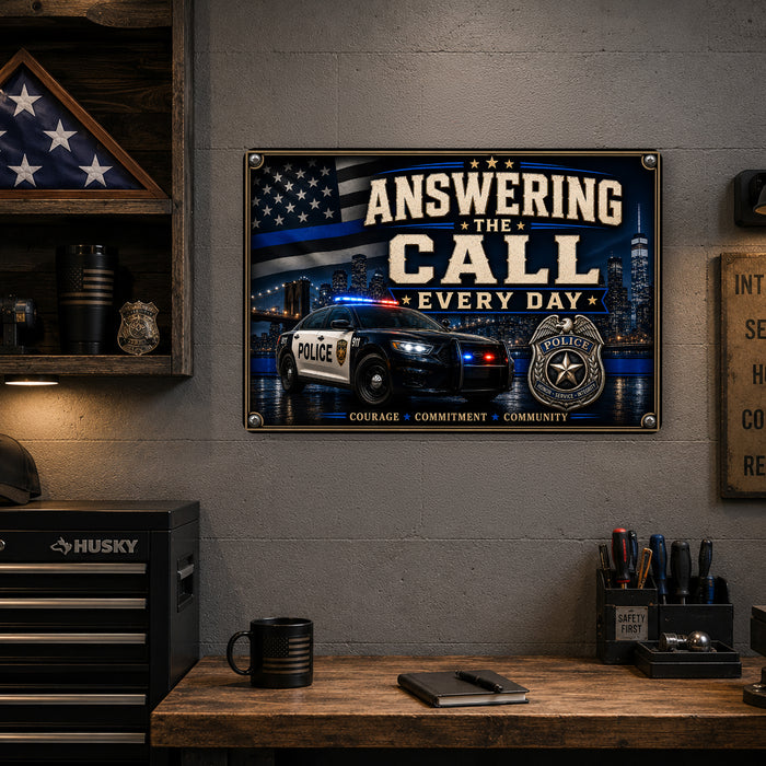 Answering the Call Courage Commitment Community metal sign with vintage thin blue line / police style — Answering the Call