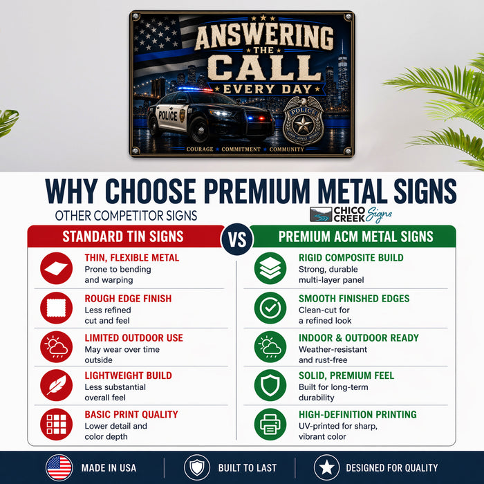 Answering the Call Courage Commitment Community metal sign with vintage thin blue line / police style — Answering the Call