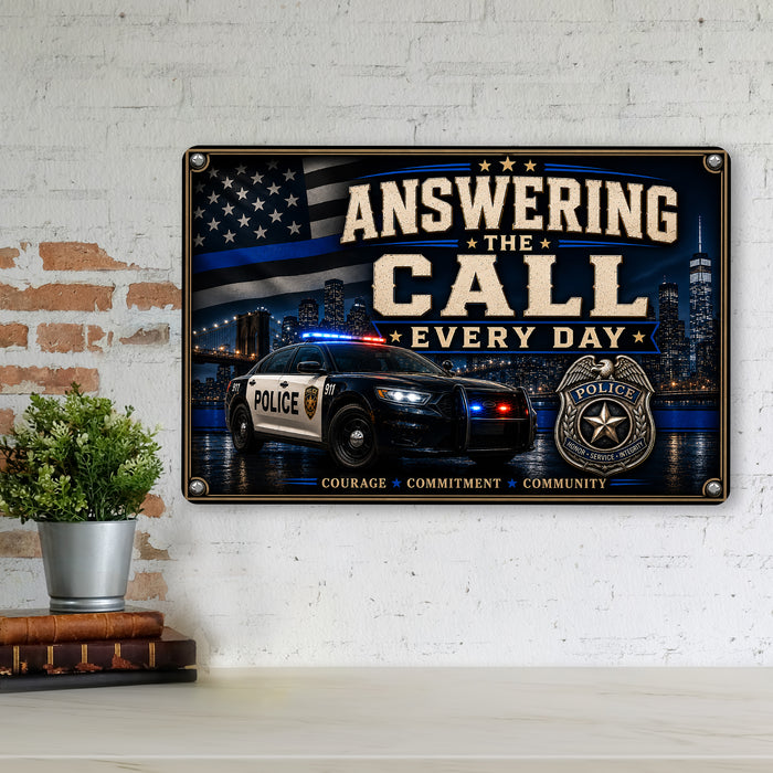 Answering the Call Courage Commitment Community metal sign with vintage thin blue line / police style — Answering the Call
