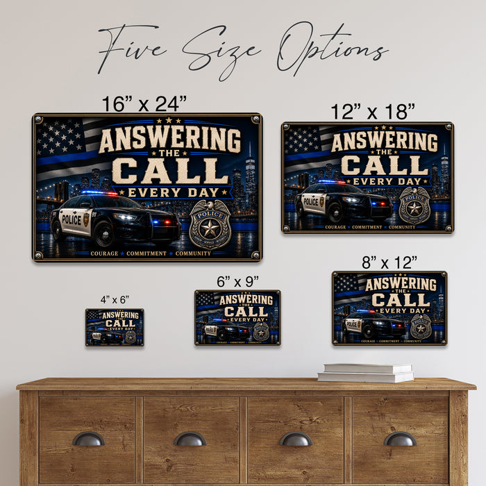 Answering the Call Courage Commitment Community metal sign with vintage thin blue line / police style — Answering the Call