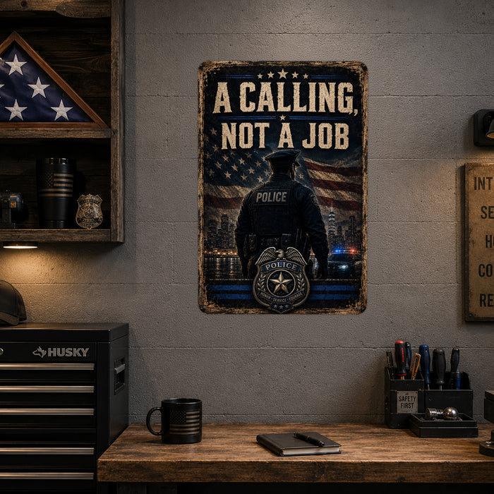 A Calling Not a Job Police Officer metal sign with vintage thin blue line / police style — A Calling Not a Job Police Officer