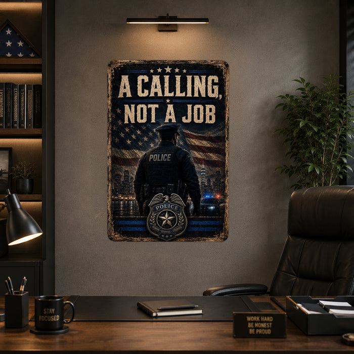 A Calling Not a Job Police Officer metal sign with vintage thin blue line / police style — A Calling Not a Job Police Officer