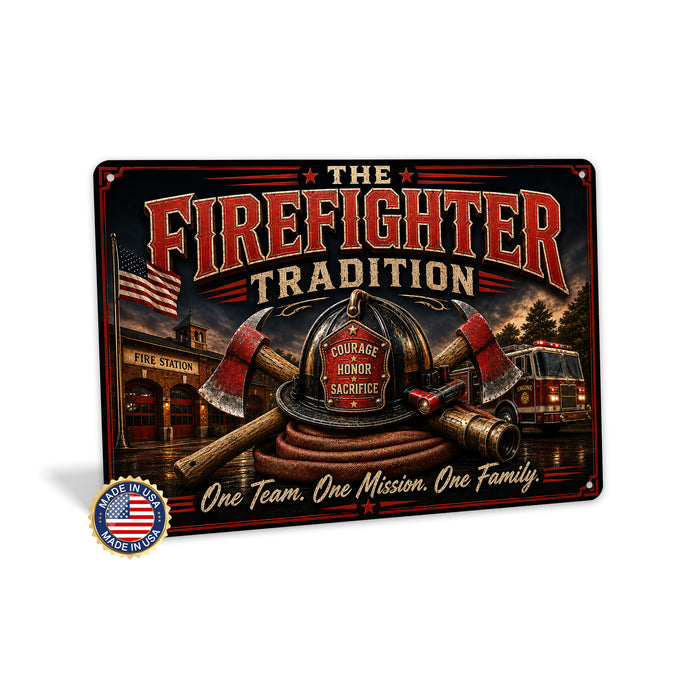 The Firefighter Tradition One Team One Mission One Family metal sign with vintage thin red line / firefighter style — The
