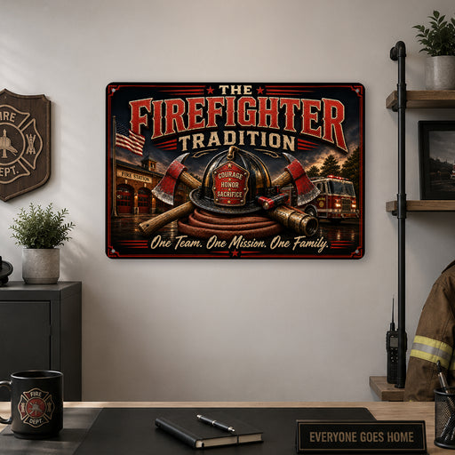 The Firefighter Tradition One Team One Mission One Family metal sign with vintage thin red line / firefighter style — The