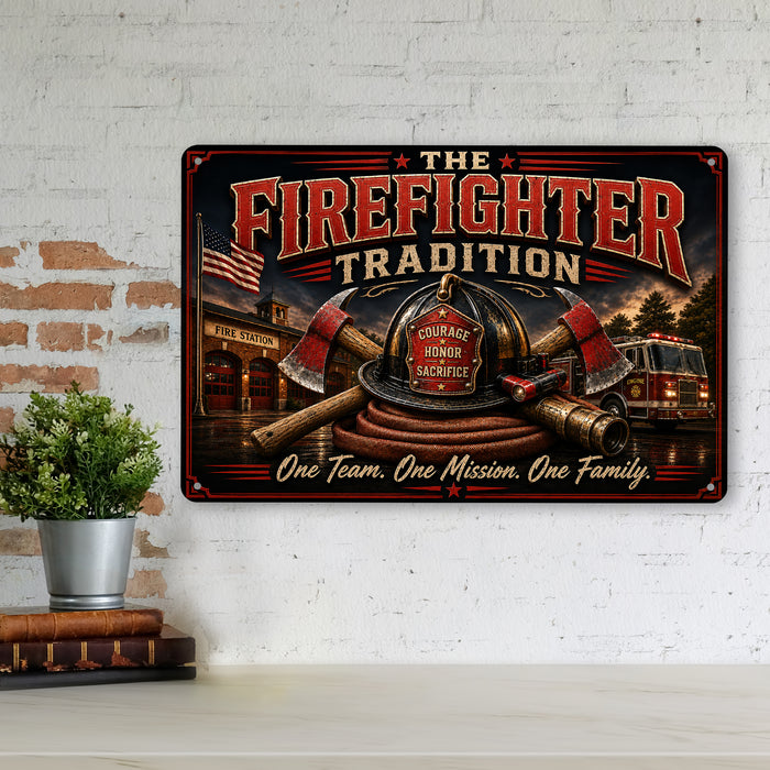The Firefighter Tradition One Team One Mission One Family metal sign with vintage thin red line / firefighter style — The