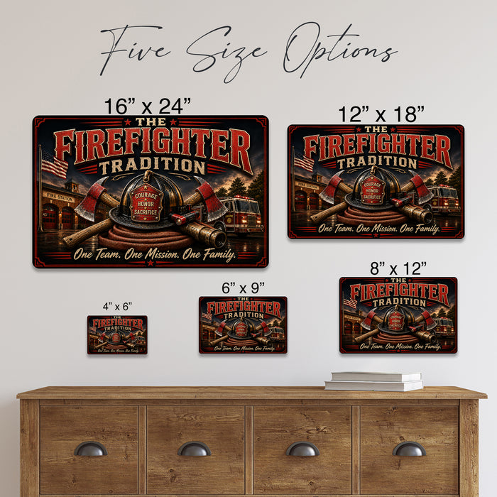 The Firefighter Tradition One Team One Mission One Family metal sign with vintage thin red line / firefighter style — The