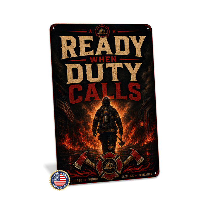 Ready When Duty Calls Firefighter metal sign with vintage thin red line / firefighter style — Ready When Duty Calls