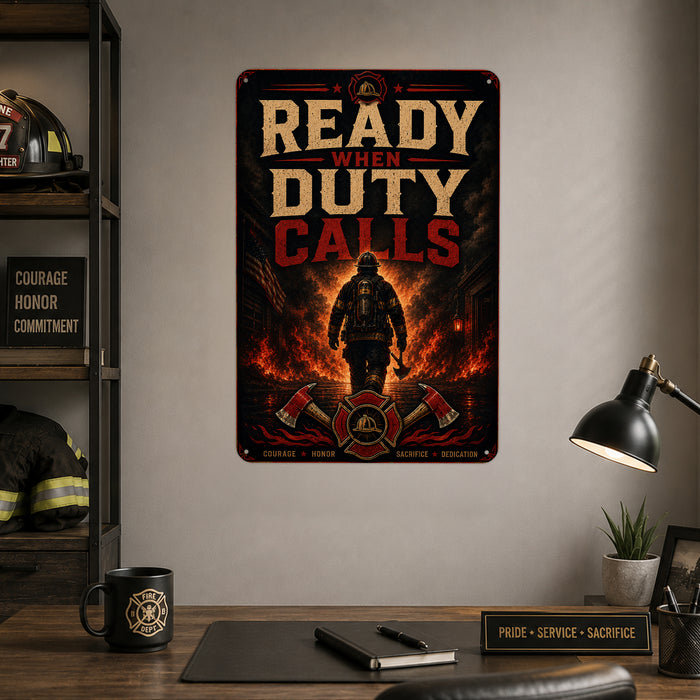 Ready When Duty Calls Firefighter metal sign with vintage thin red line / firefighter style — Ready When Duty Calls