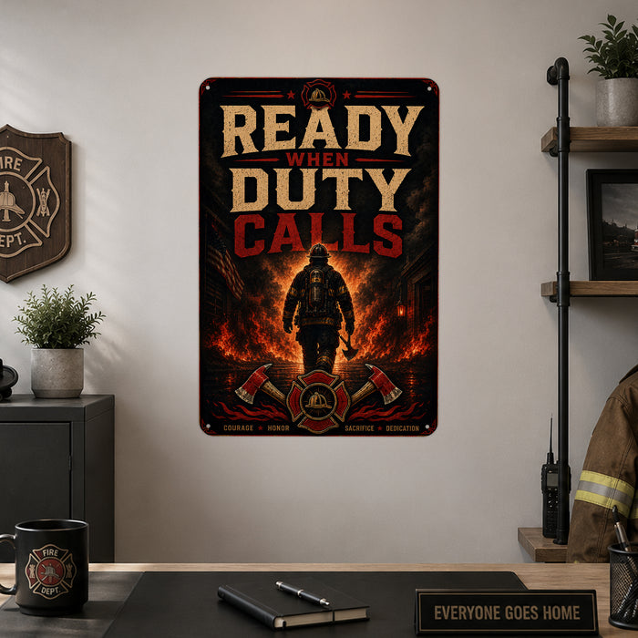 Ready When Duty Calls Firefighter metal sign with vintage thin red line / firefighter style — Ready When Duty Calls