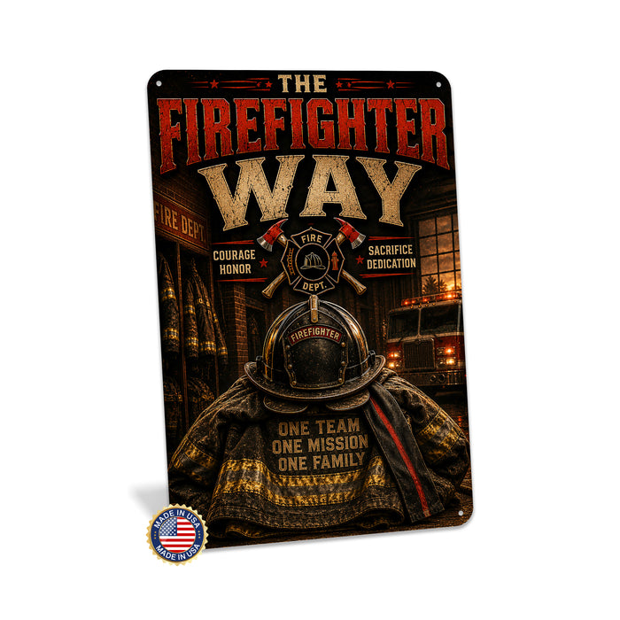 The Firefighter Way One Team One Mission One Family metal sign with vintage thin red line / firefighter style — The