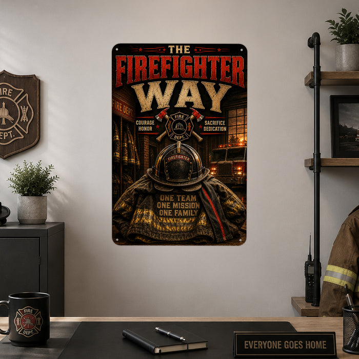 The Firefighter Way One Team One Mission One Family metal sign with vintage thin red line / firefighter style — The