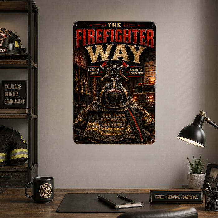 The Firefighter Way One Team One Mission One Family metal sign with vintage thin red line / firefighter style — The