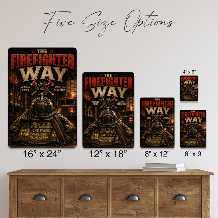 The Firefighter Way One Team One Mission One Family metal sign with vintage thin red line / firefighter style — The