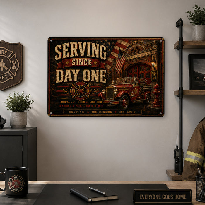 Serving Since Day One Firefighter Brotherhood metal sign with vintage thin red line / firefighter style — Serving Since Day