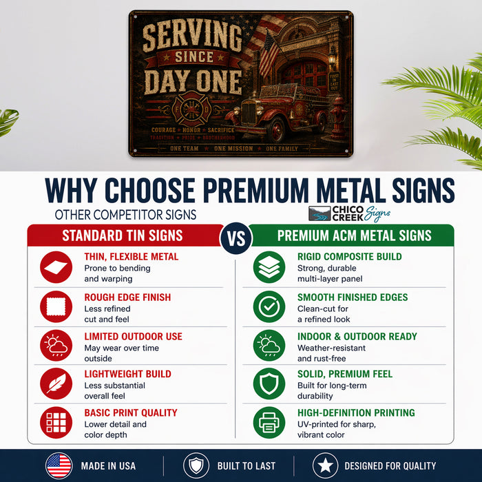 Serving Since Day One Firefighter Brotherhood metal sign with vintage thin red line / firefighter style — Serving Since Day