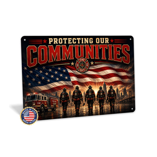 Protecting Our Communities Firefighter Brotherhood metal sign with vintage thin red line / firefighter style — Protecting