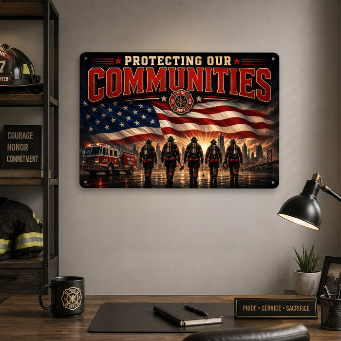 Protecting Our Communities Firefighter Brotherhood metal sign with vintage thin red line / firefighter style — Protecting
