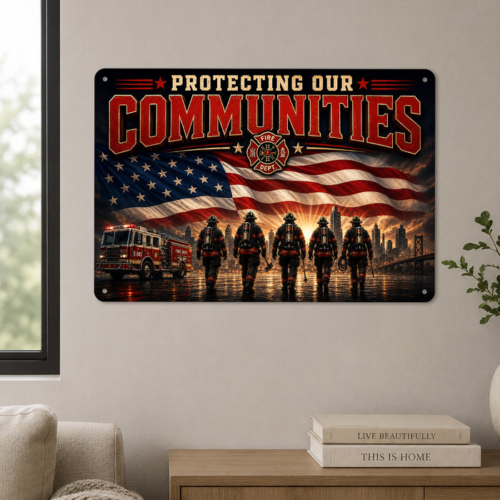 Protecting Our Communities Firefighter Brotherhood metal sign with vintage thin red line / firefighter style — Protecting