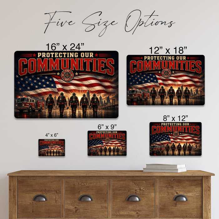 Protecting Our Communities Firefighter Brotherhood metal sign with vintage thin red line / firefighter style — Protecting