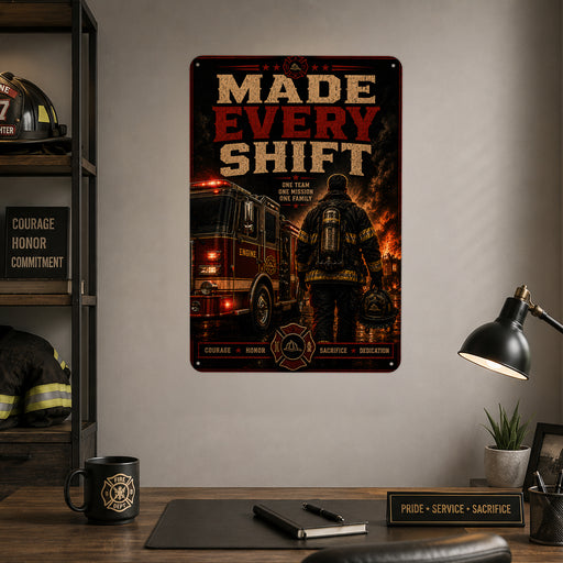 Made Every Shift Firefighter metal sign with vintage thin red line / firefighter style — Made Every Shift Firefighter
