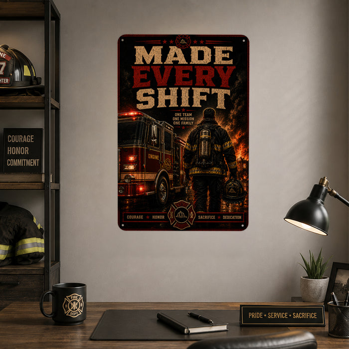 Made Every Shift Firefighter metal sign with vintage thin red line / firefighter style — Made Every Shift Firefighter