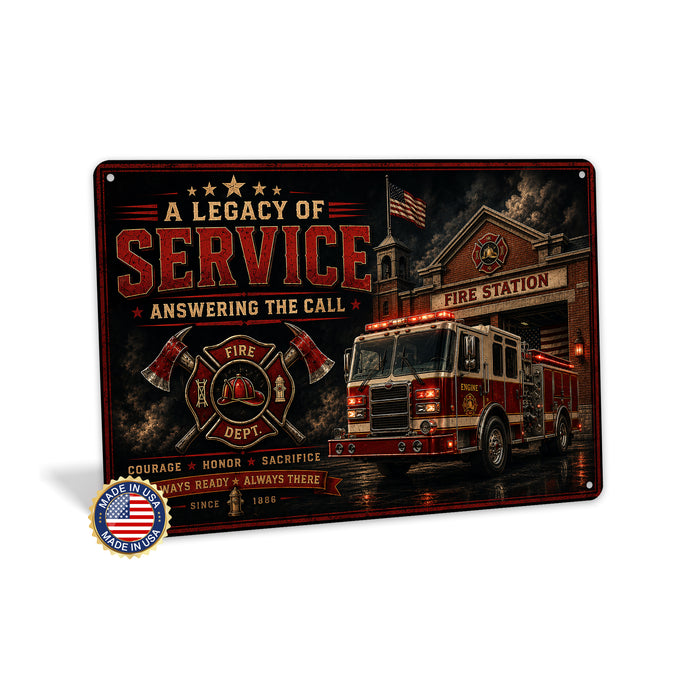 A Legacy of Service Answering the Call Firefighter metal sign with vintage thin red line / firefighter style — A Legacy of