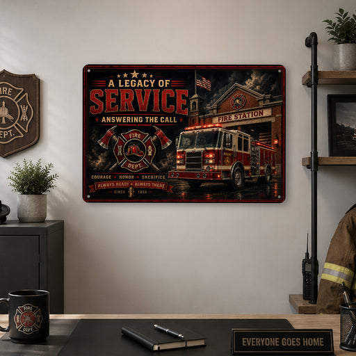 A Legacy of Service Answering the Call Firefighter metal sign with vintage thin red line / firefighter style — A Legacy of