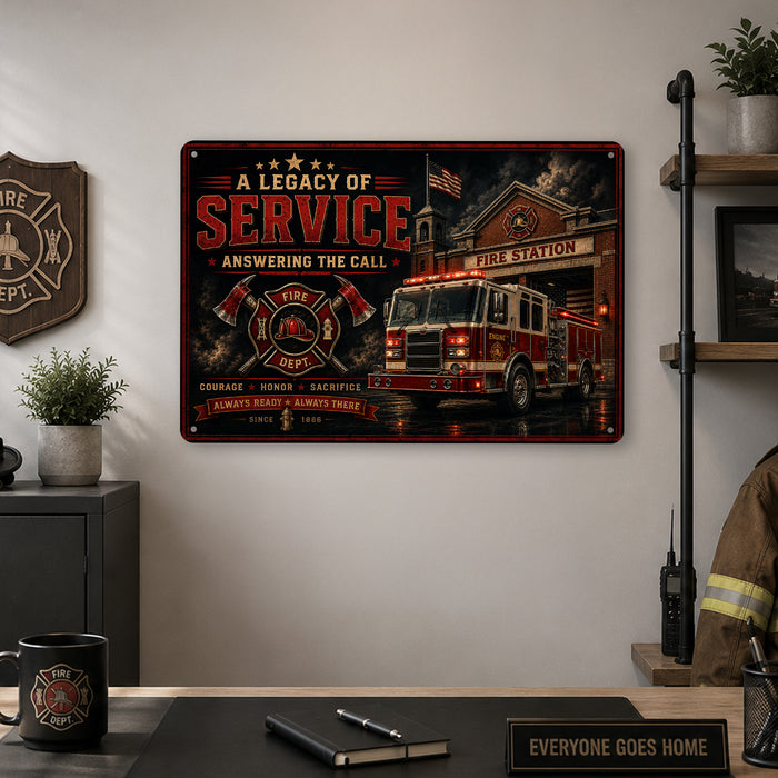 A Legacy of Service Answering the Call Firefighter metal sign with vintage thin red line / firefighter style — A Legacy of