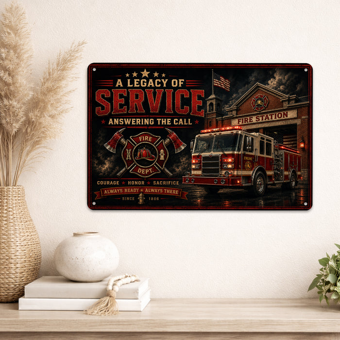 A Legacy of Service Answering the Call Firefighter metal sign with vintage thin red line / firefighter style — A Legacy of