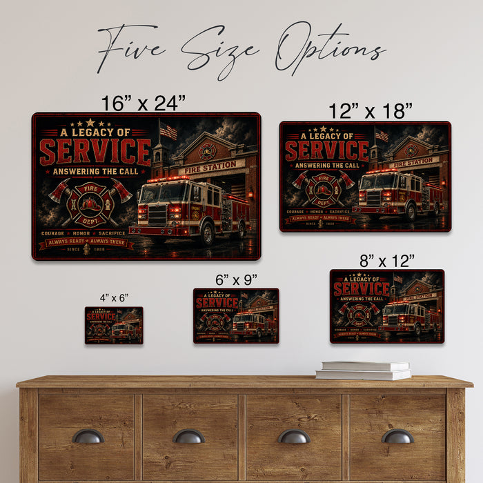 A Legacy of Service Answering the Call Firefighter metal sign with vintage thin red line / firefighter style — A Legacy of