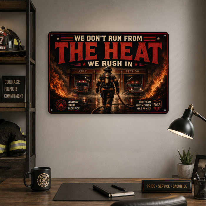 We Don't Run From The Heat We Rush In Firefighter 343 metal sign with vintage thin red line / firefighter style — We Don't