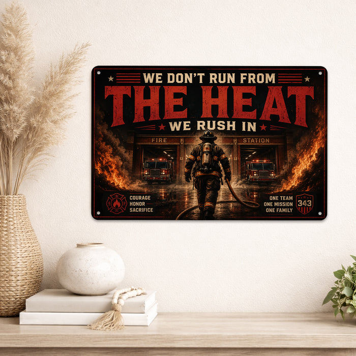 We Don't Run From The Heat We Rush In Firefighter 343 metal sign with vintage thin red line / firefighter style — We Don't
