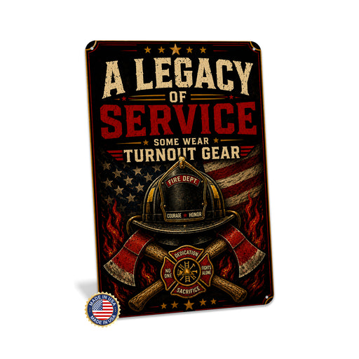 A Legacy of Service Some Wear Turnout Gear metal sign with vintage thin red line / firefighter style — A Legacy of Service