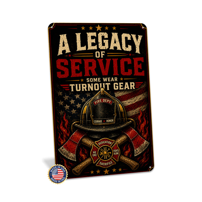 A Legacy of Service Some Wear Turnout Gear metal sign with vintage thin red line / firefighter style — A Legacy of Service