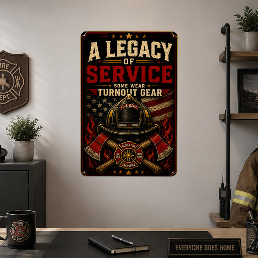 A Legacy of Service Some Wear Turnout Gear metal sign with vintage thin red line / firefighter style — A Legacy of Service