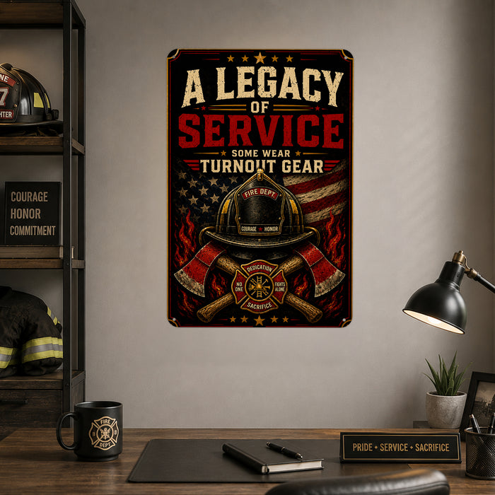 A Legacy of Service Some Wear Turnout Gear metal sign with vintage thin red line / firefighter style — A Legacy of Service