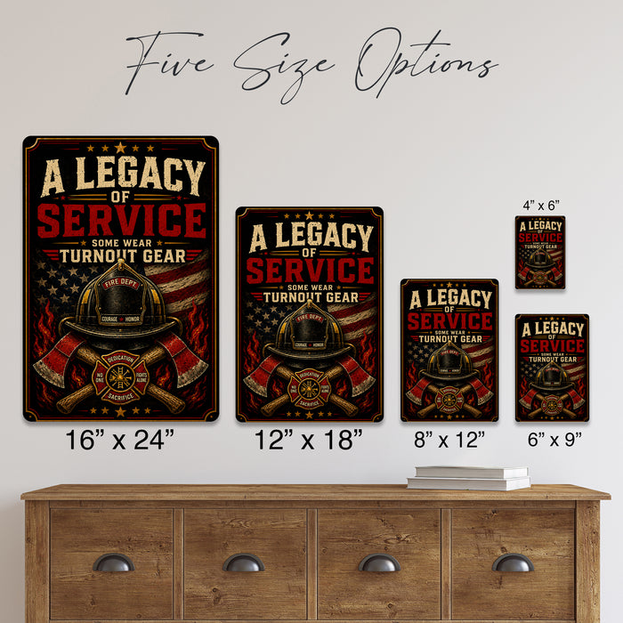 A Legacy of Service Some Wear Turnout Gear metal sign with vintage thin red line / firefighter style — A Legacy of Service