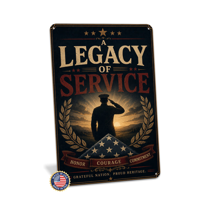 A Legacy of Service Honor Courage Commitment Military metal sign with vintage patriotic / military style — A Legacy of