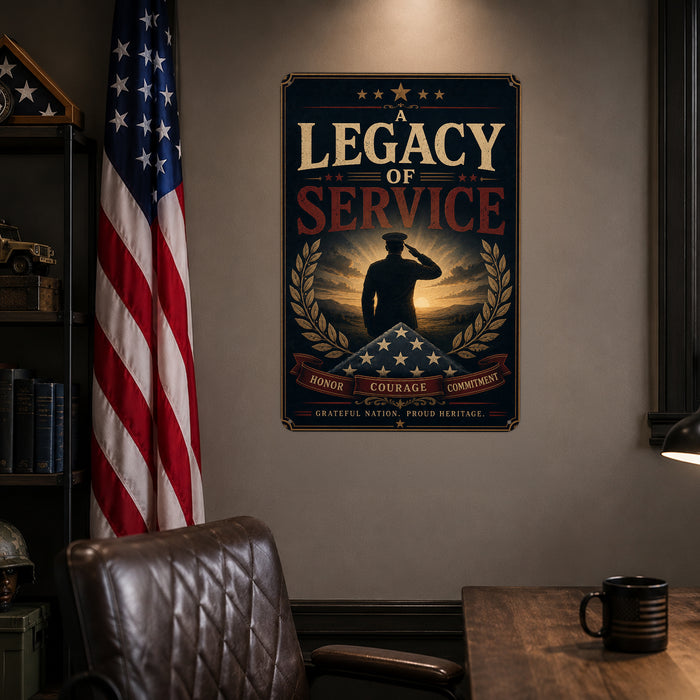 A Legacy of Service Honor Courage Commitment Military metal sign with vintage patriotic / military style — A Legacy of