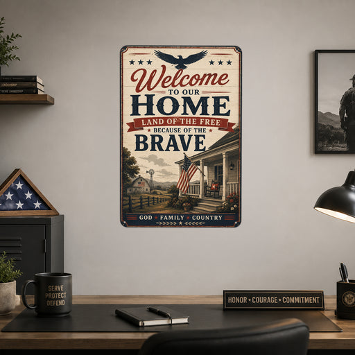 Welcome to Our Home Land of the Free Because of the Brave metal sign with vintage patriotic / military style — Welcome to